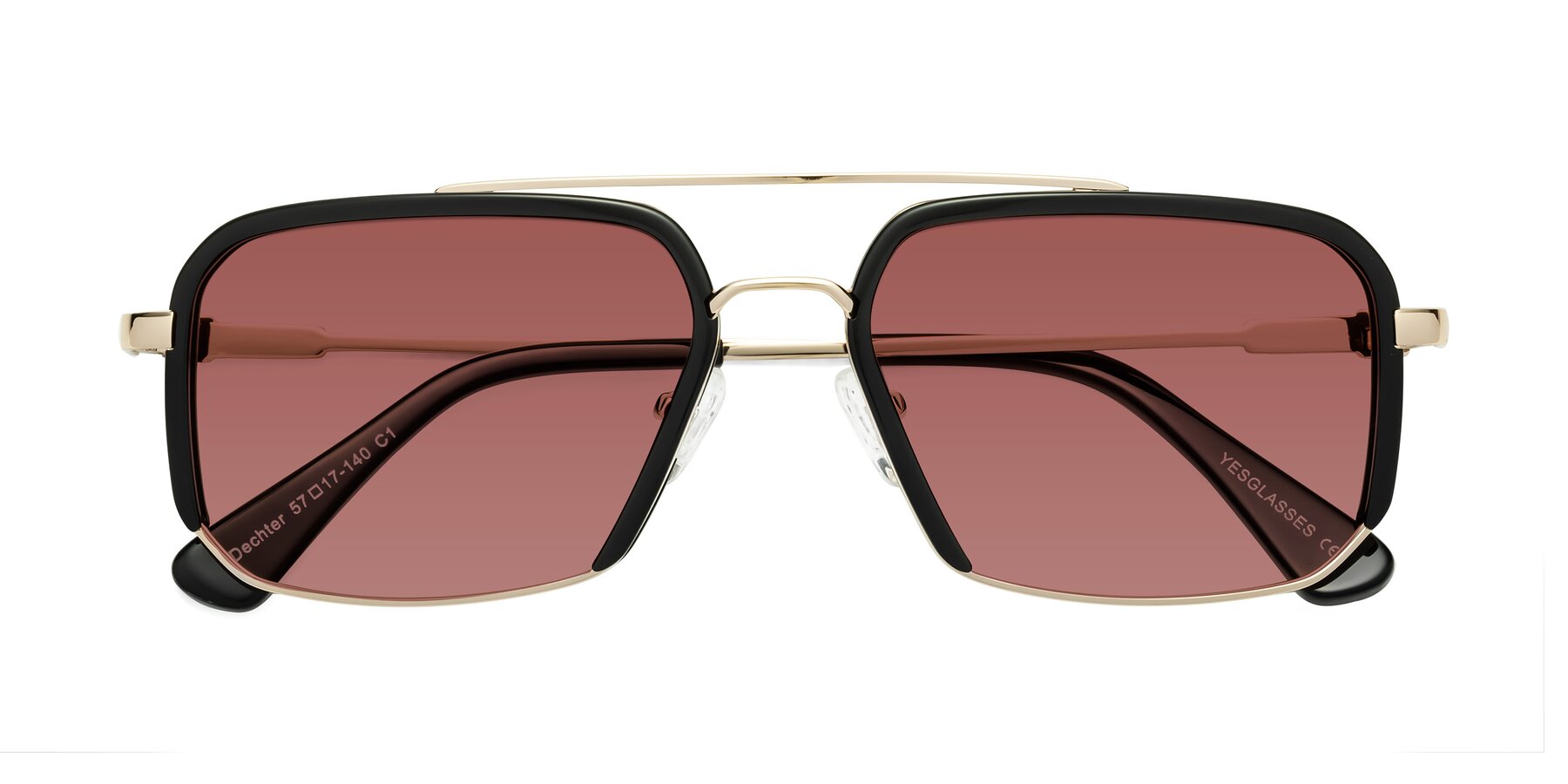 Folded Front of Dechter in Black-Gold with Garnet Tinted Lenses