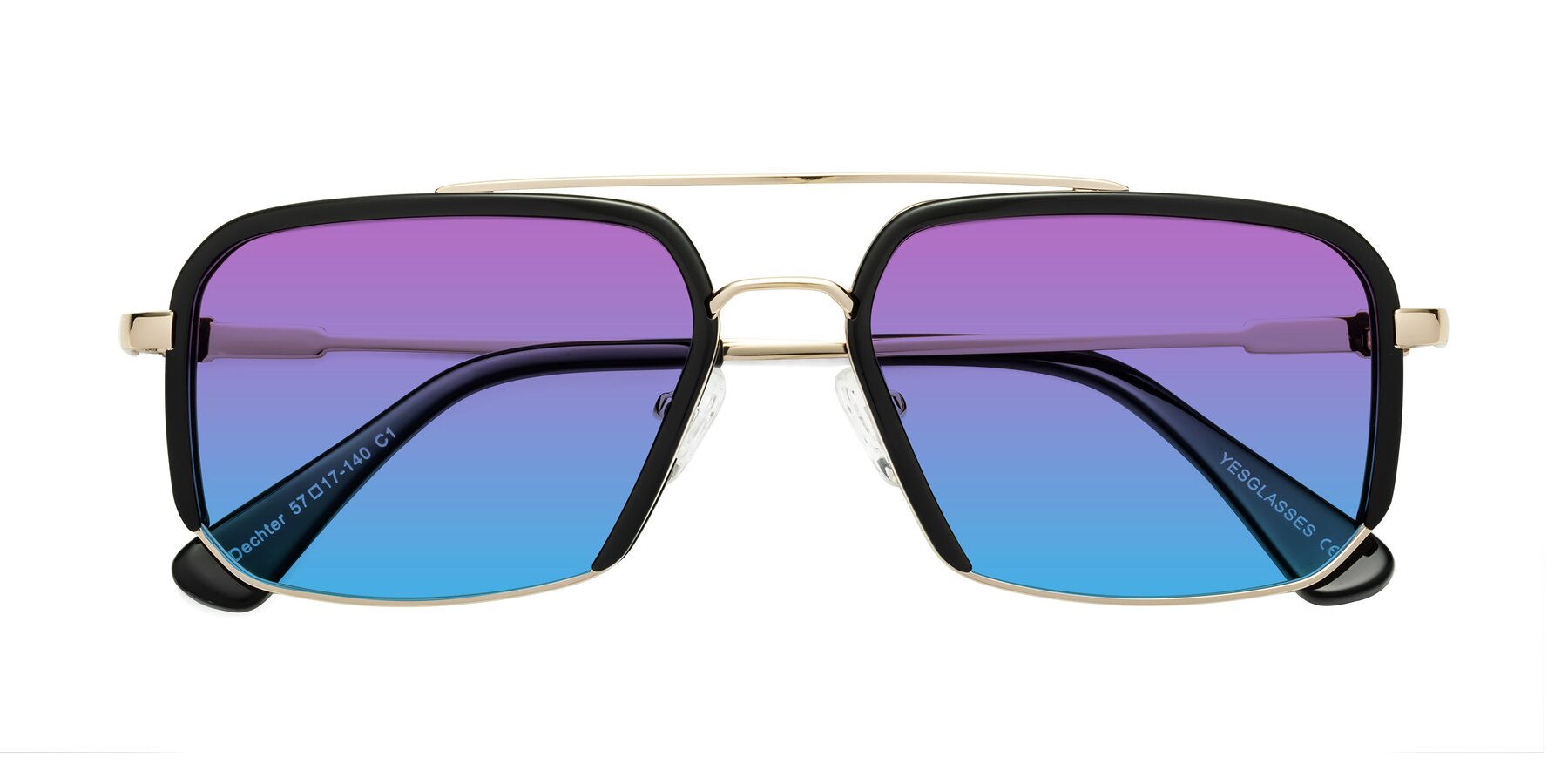 Folded Front of Dechter in Black-Gold with Purple / Blue Gradient Lenses