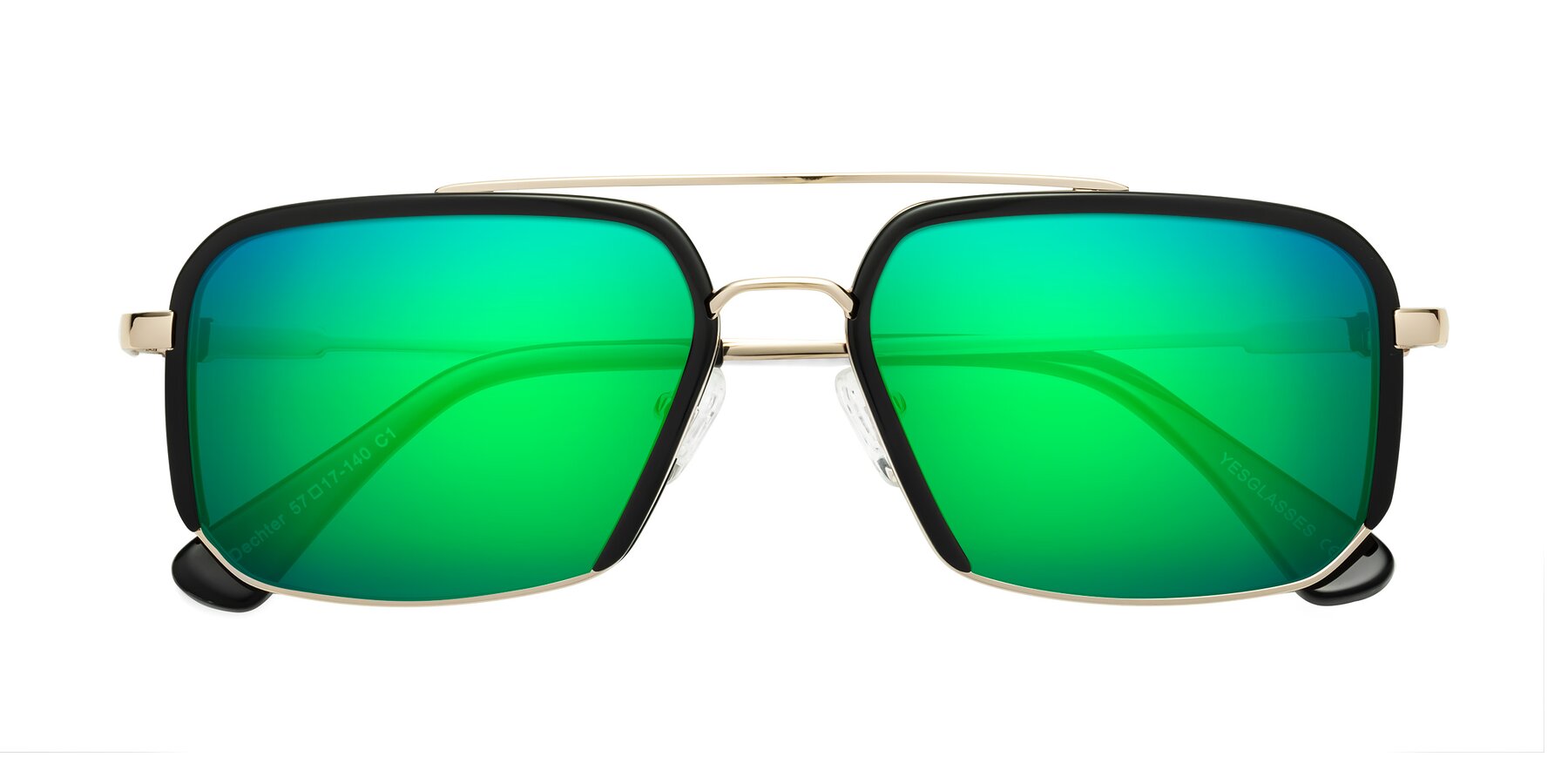 Folded Front of Dechter in Black-Gold with Green Mirrored Lenses
