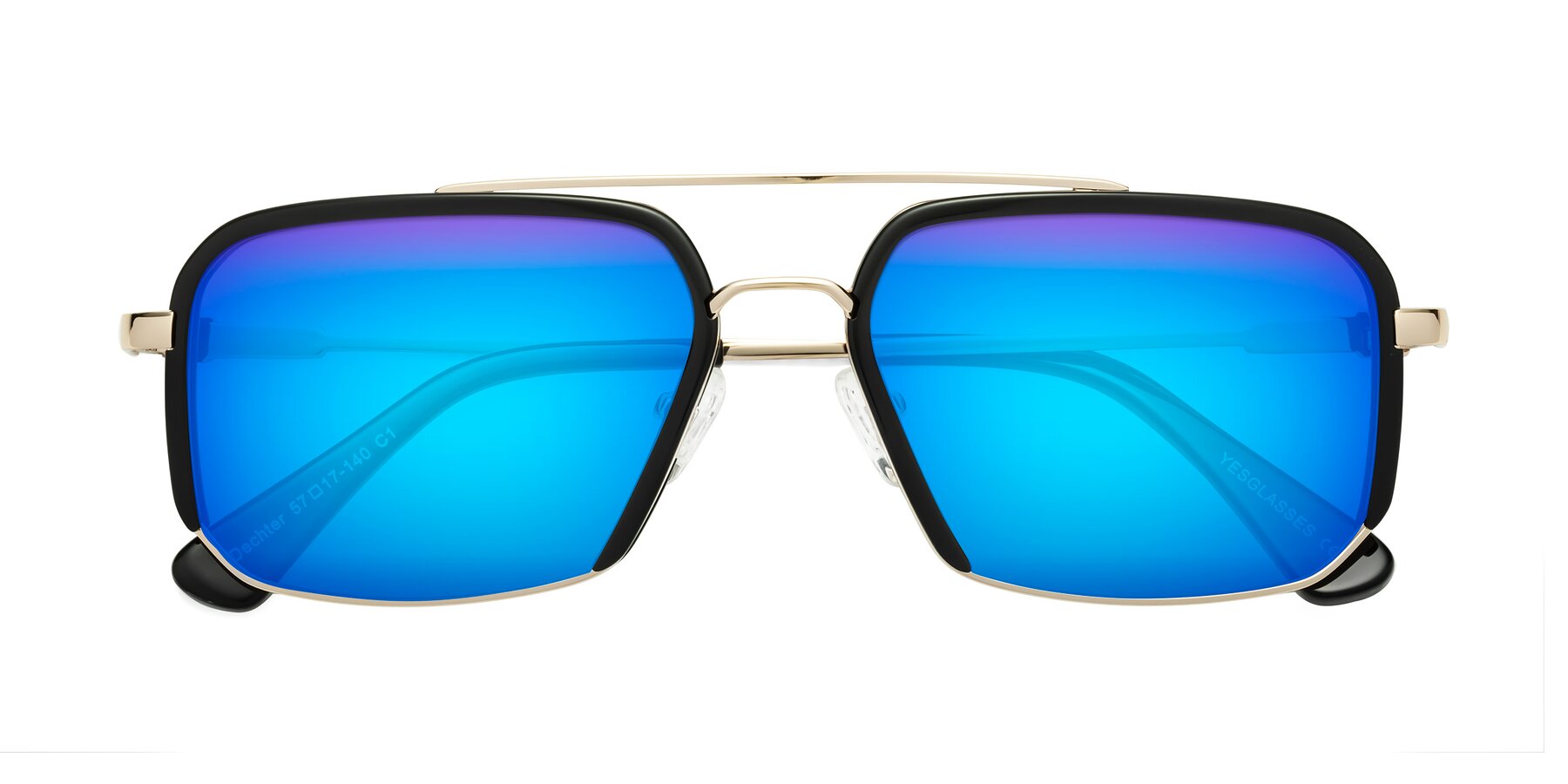 Folded Front of Dechter in Black-Gold with Blue Mirrored Lenses