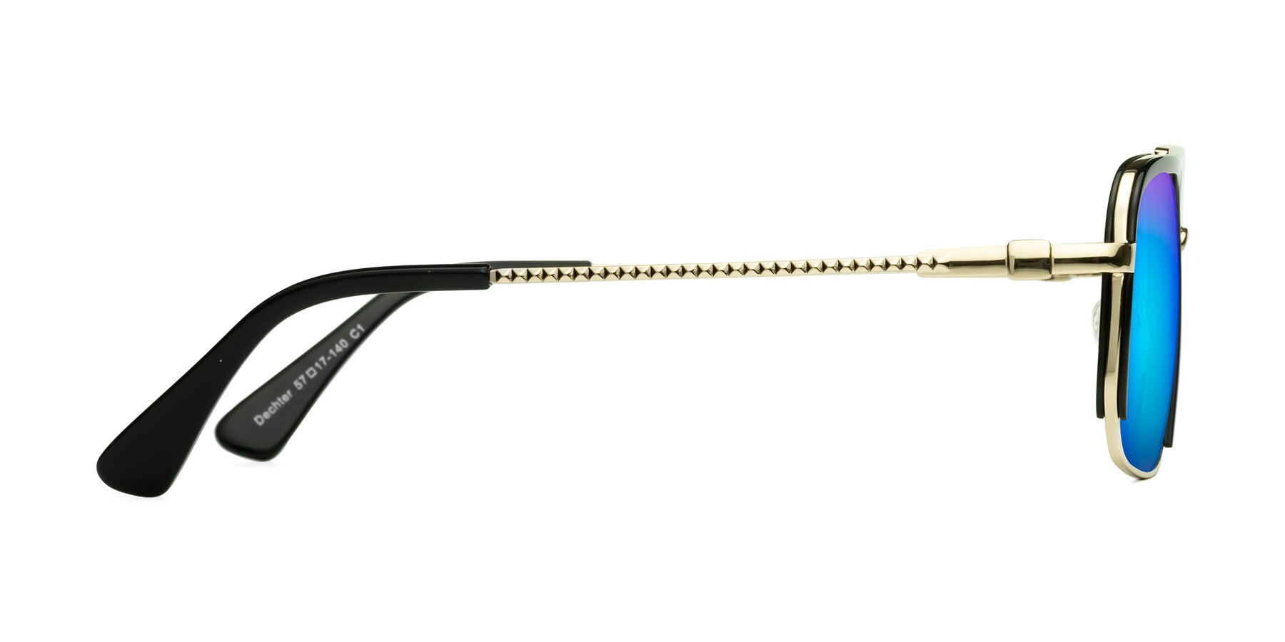 Side of Dechter in Black-Gold with Blue Mirrored Lenses