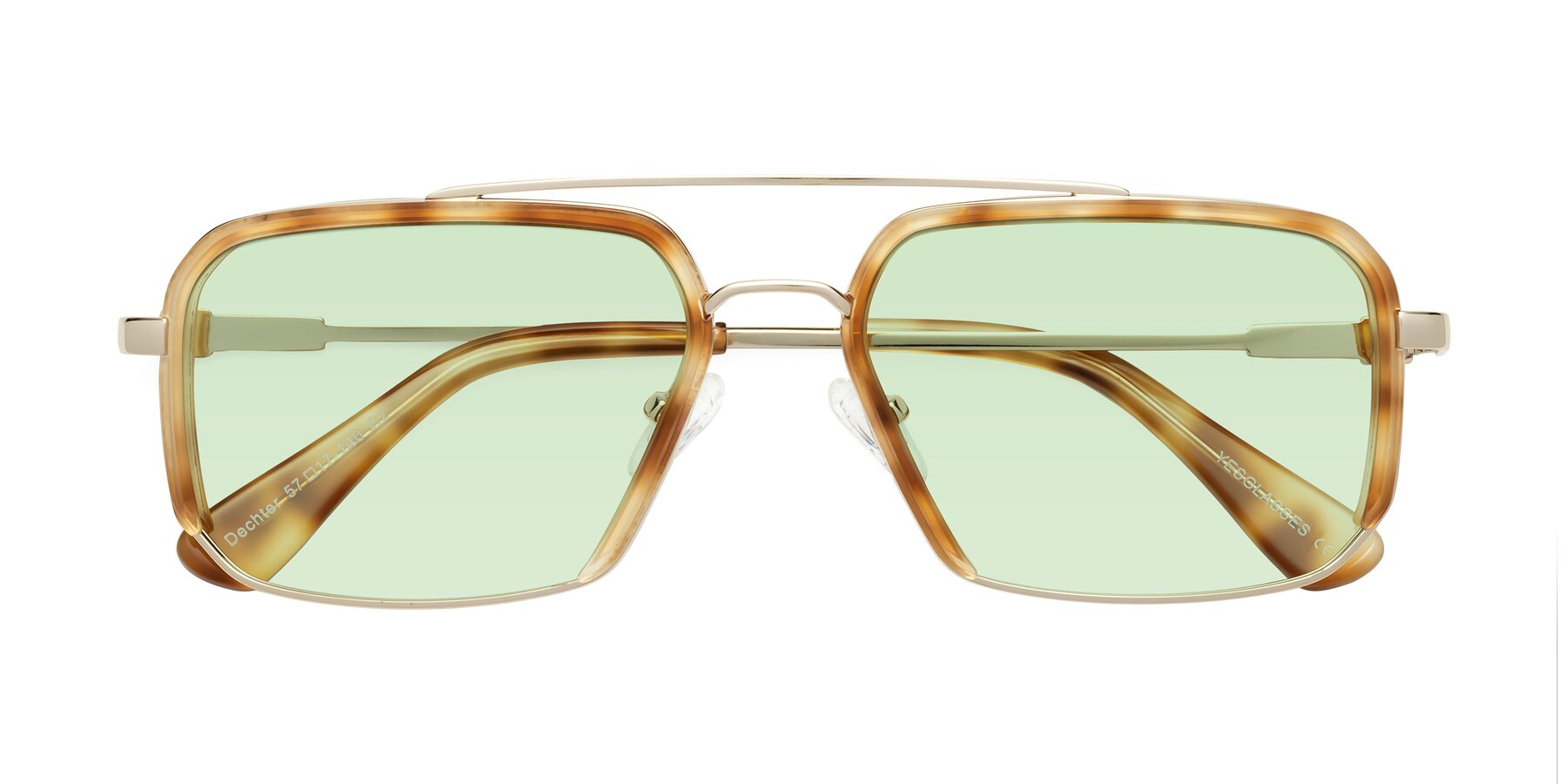 Folded Front of Dechter in Yellow Tortoise-Gold with Light Green Tinted Lenses
