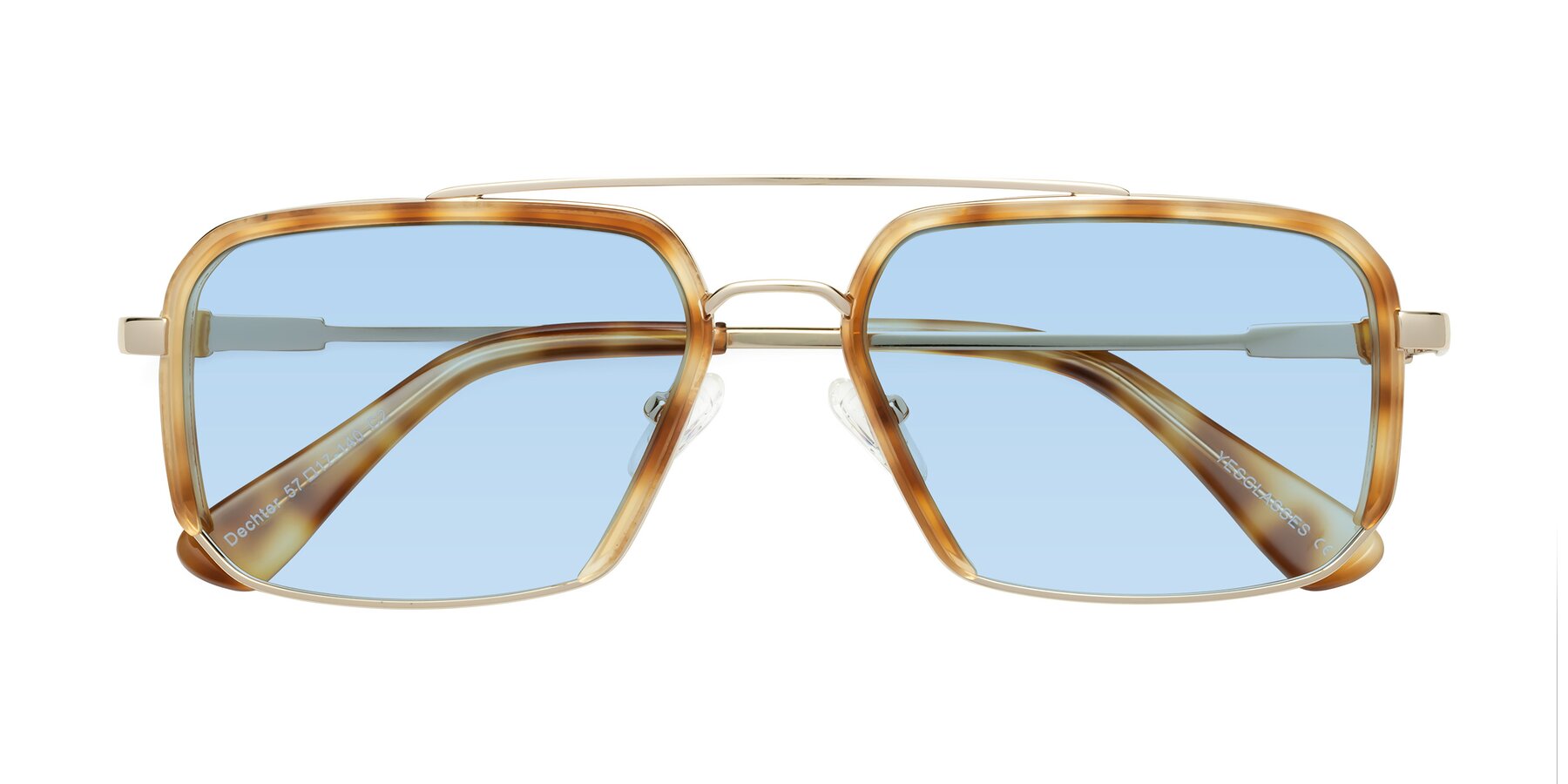 Folded Front of Dechter in Yellow Tortoise-Gold with Light Blue Tinted Lenses