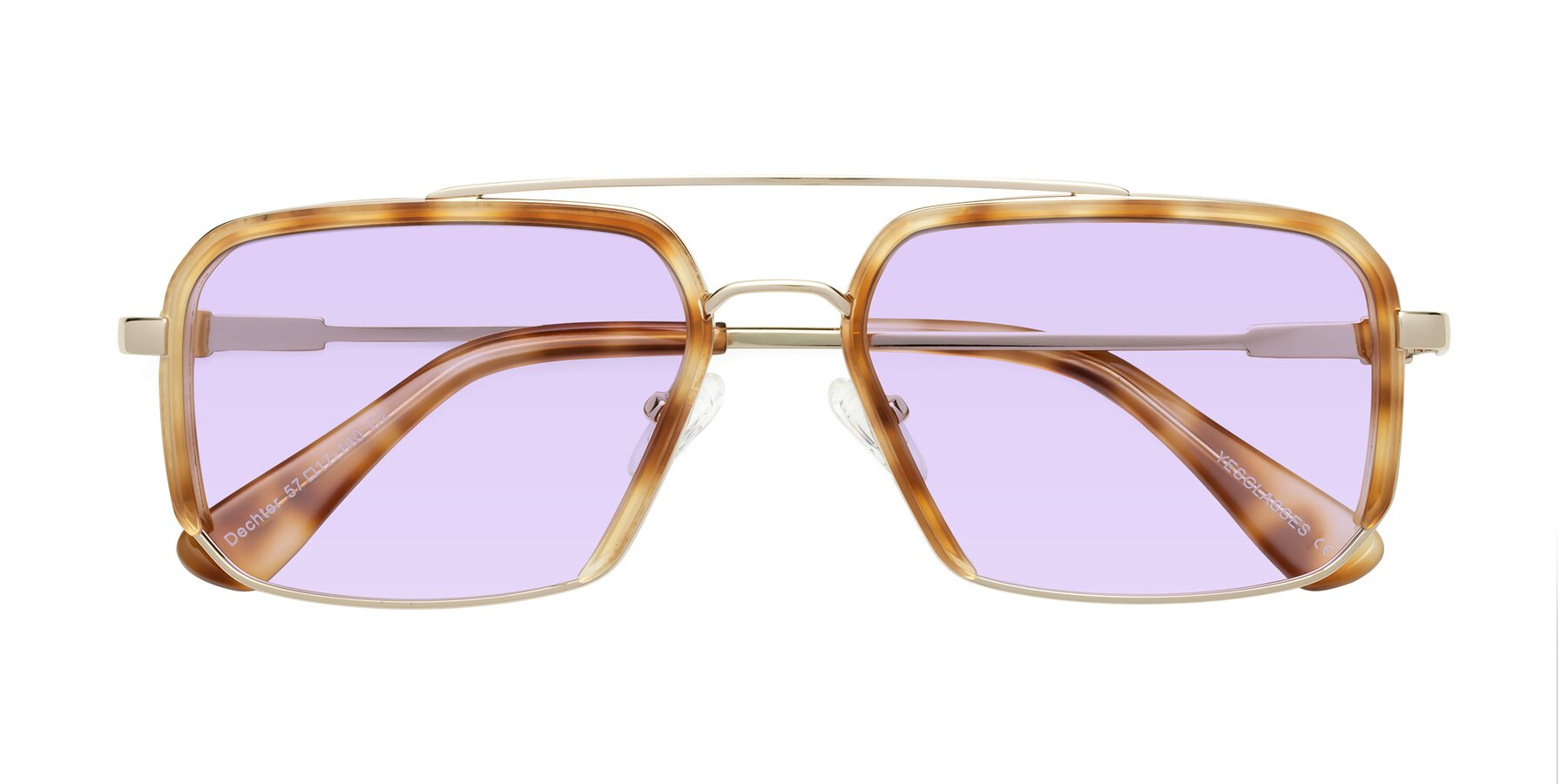 Folded Front of Dechter in Yellow Tortoise-Gold with Light Purple Tinted Lenses