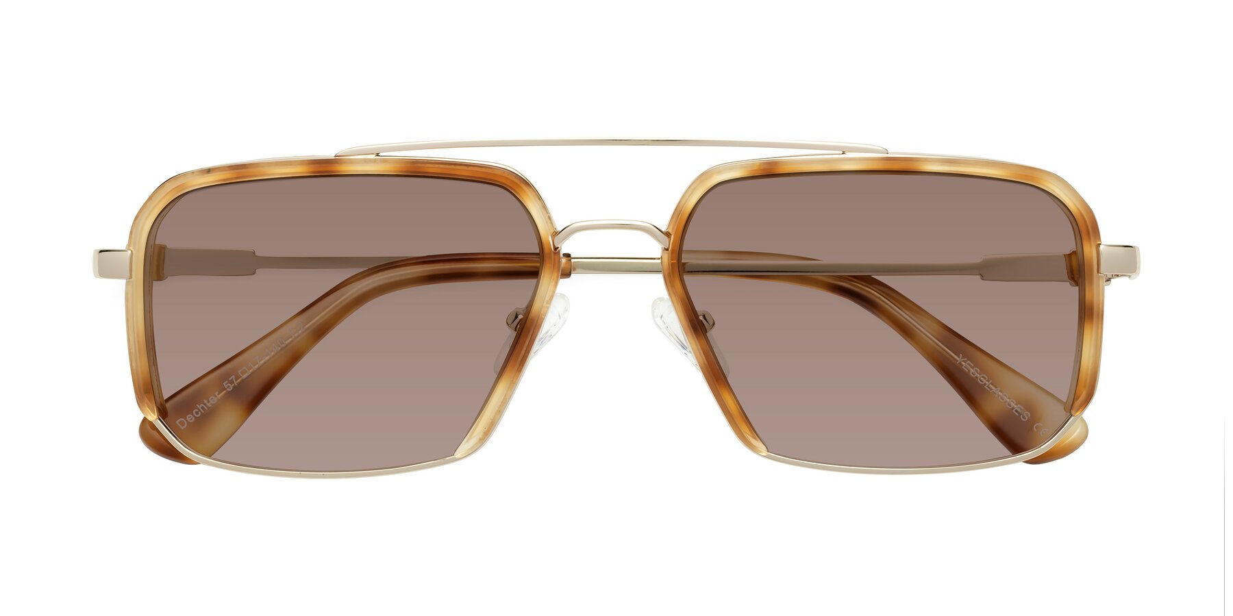 Folded Front of Dechter in Yellow Tortoise-Gold with Medium Brown Tinted Lenses