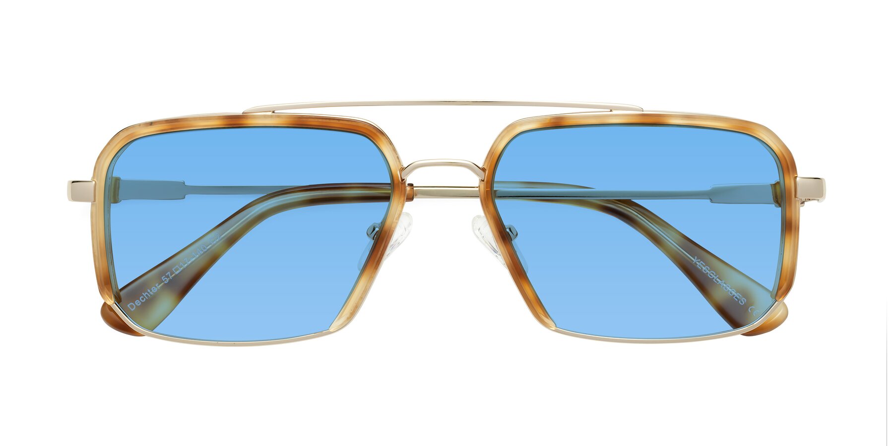Folded Front of Dechter in Yellow Tortoise-Gold with Medium Blue Tinted Lenses