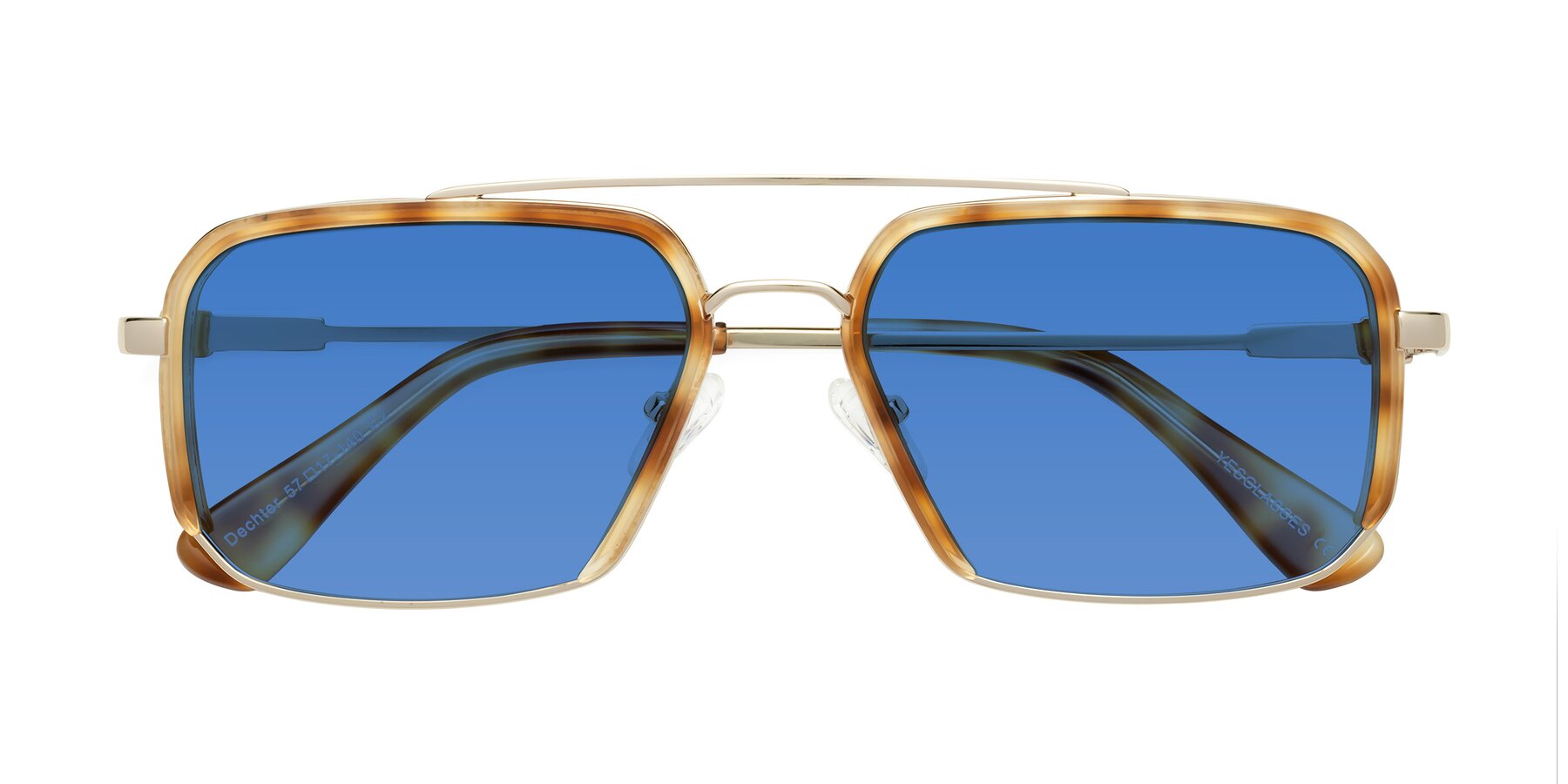 Folded Front of Dechter in Yellow Tortoise-Gold with Blue Tinted Lenses