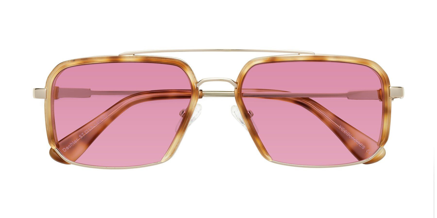 Folded Front of Dechter in Yellow Tortoise-Gold with Medium Wine Tinted Lenses