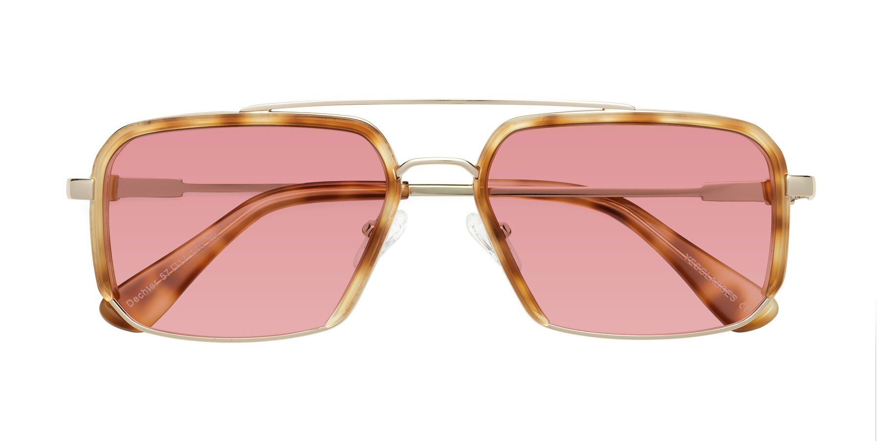 Folded Front of Dechter in Yellow Tortoise-Gold with Medium Garnet Tinted Lenses