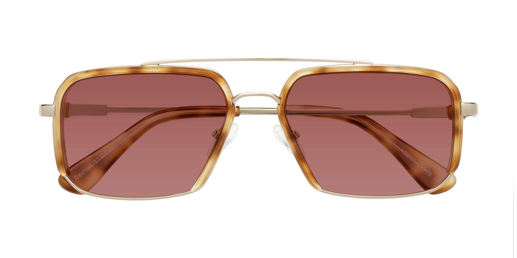 Folded Front of Dechter in Yellow Tortoise-Gold with Garnet Tinted Lenses