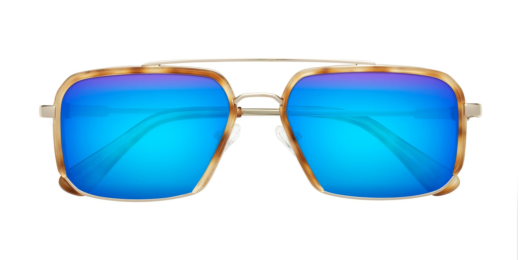 Folded Front of Dechter in Yellow Tortoise-Gold with Blue Mirrored Lenses