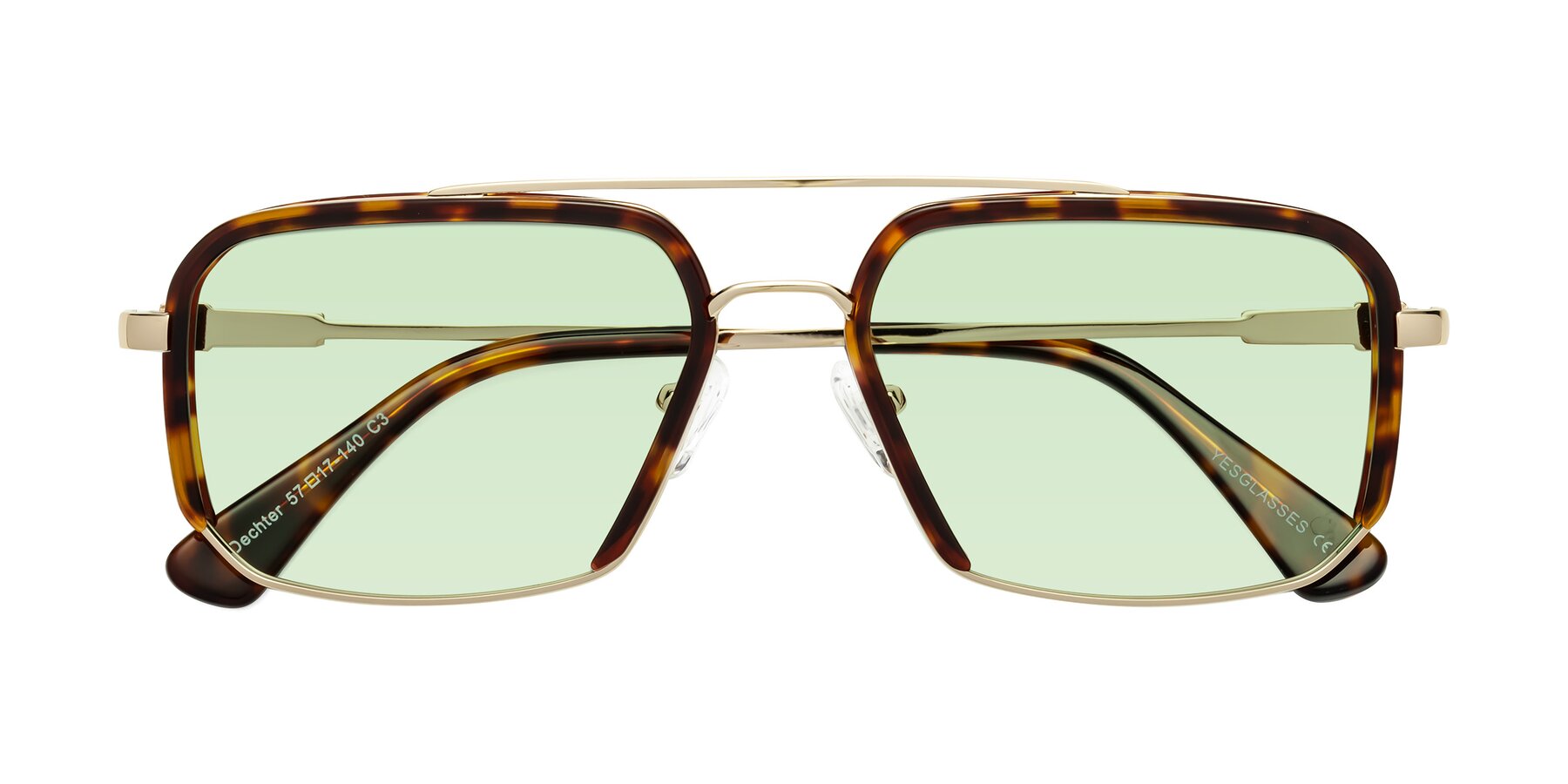 Folded Front of Dechter in Tortoise-Gold with Light Green Tinted Lenses