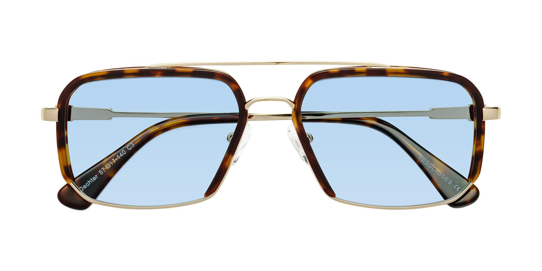 Folded Front of Dechter in Tortoise-Gold with Light Blue Tinted Lenses