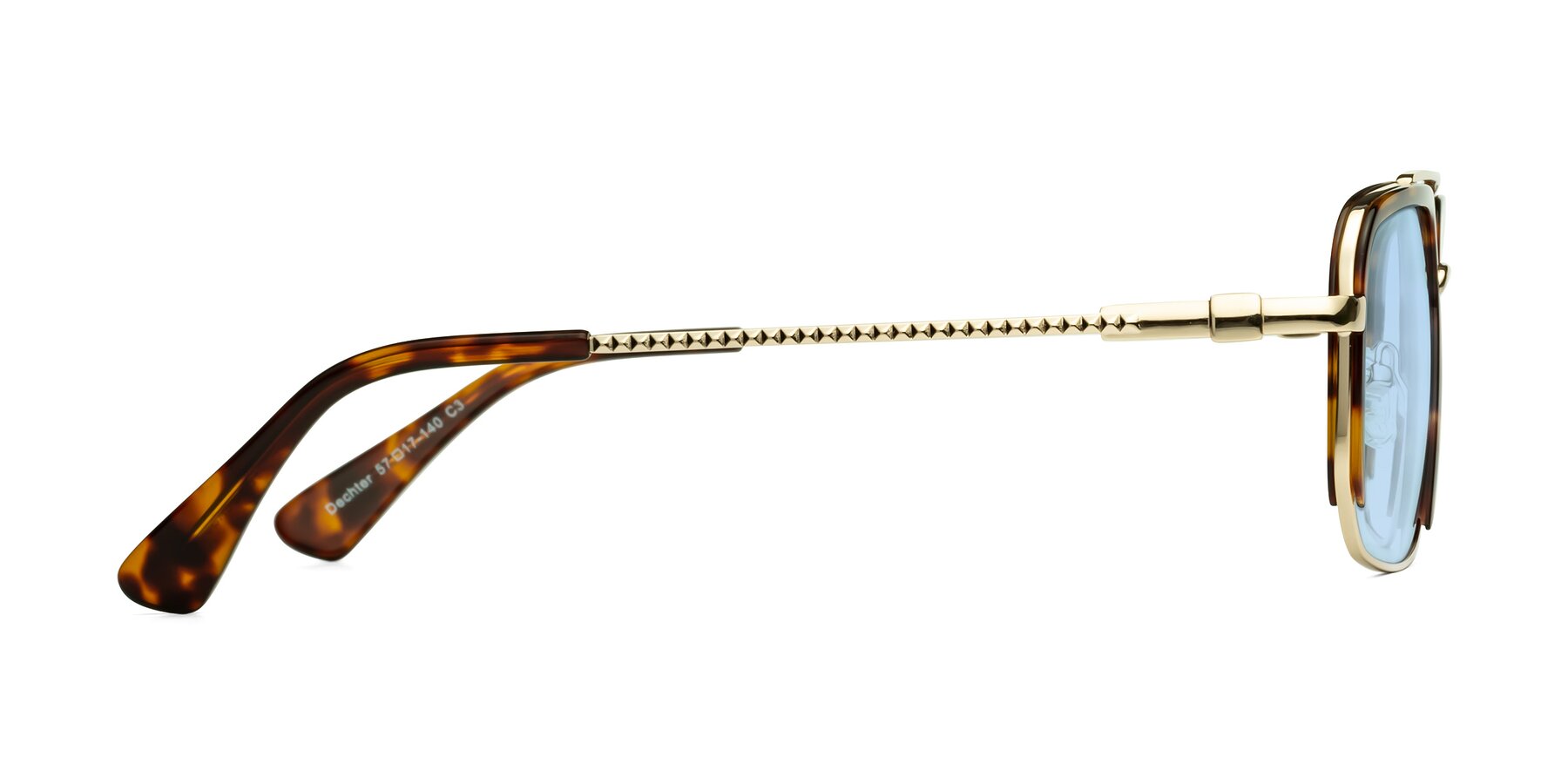 Side of Dechter in Tortoise-Gold with Light Blue Tinted Lenses
