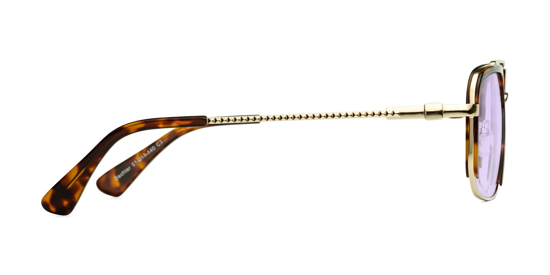 Side of Dechter in Tortoise-Gold with Light Purple Tinted Lenses
