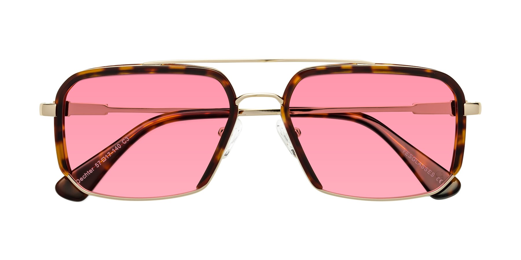 Folded Front of Dechter in Tortoise-Gold with Pink Tinted Lenses