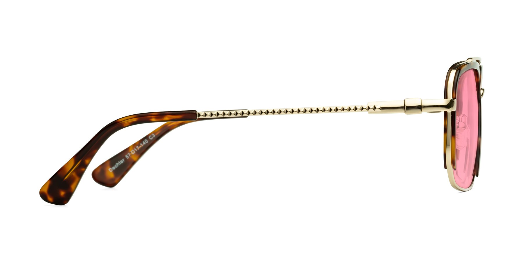 Side of Dechter in Tortoise-Gold with Pink Tinted Lenses