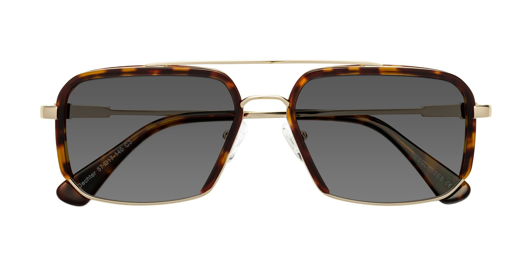 Folded Front of Dechter in Tortoise-Gold with Medium Gray Tinted Lenses