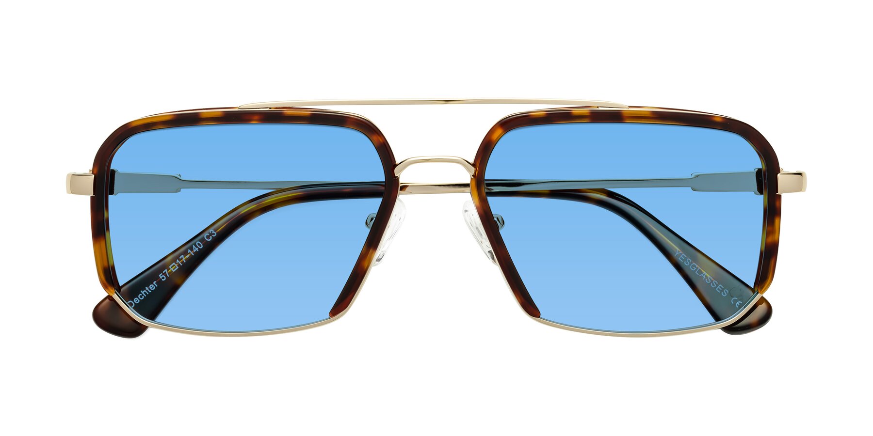 Folded Front of Dechter in Tortoise-Gold with Medium Blue Tinted Lenses