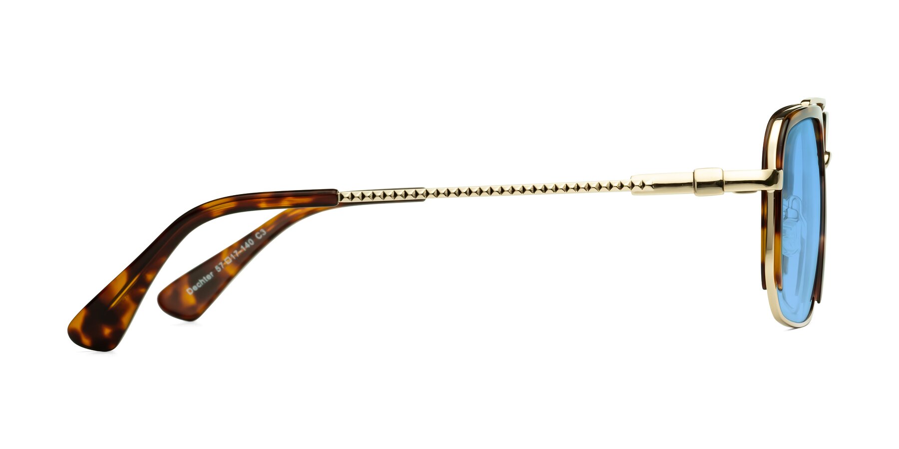 Side of Dechter in Tortoise-Gold with Medium Blue Tinted Lenses