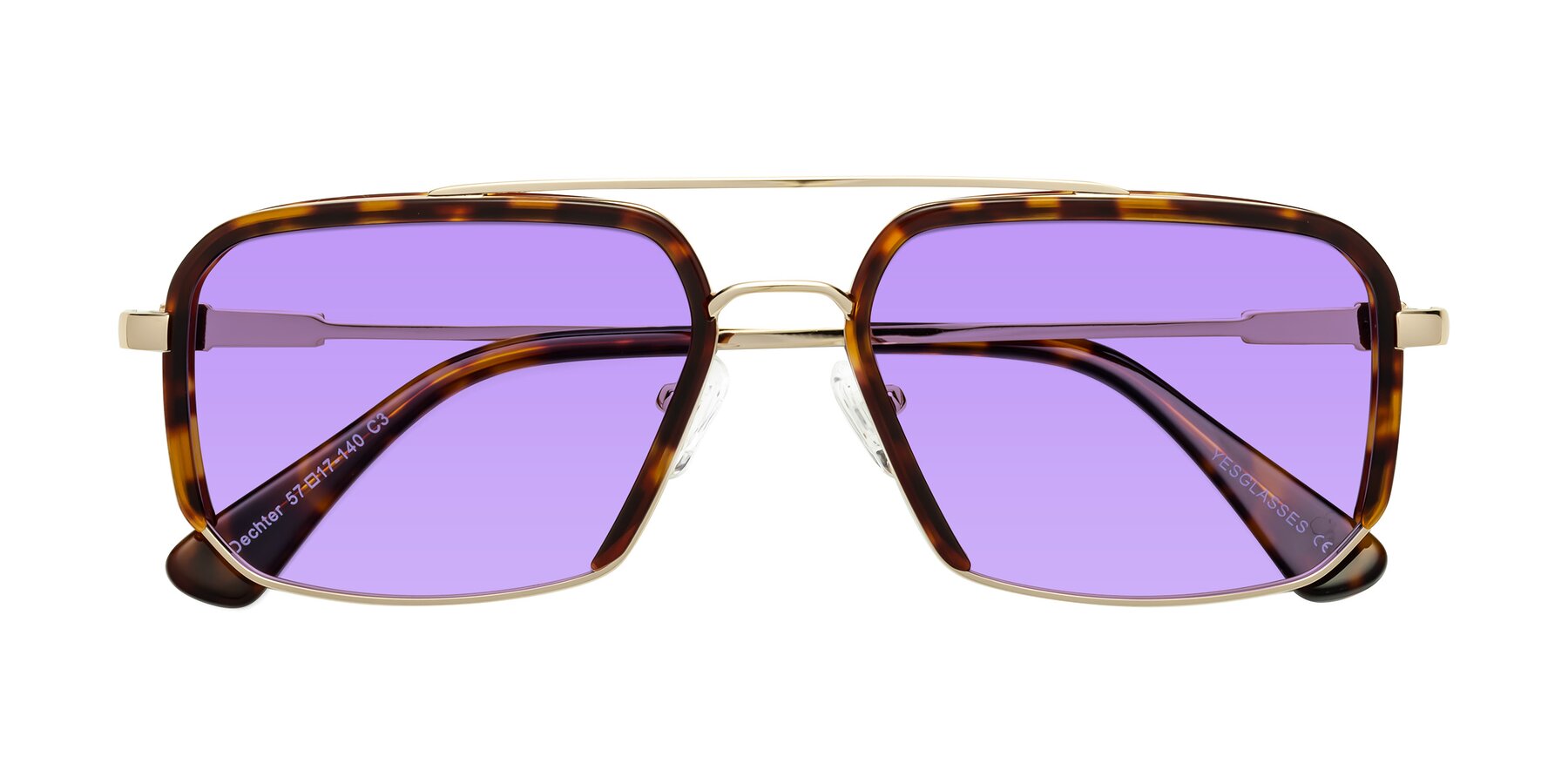 Folded Front of Dechter in Tortoise-Gold with Medium Purple Tinted Lenses