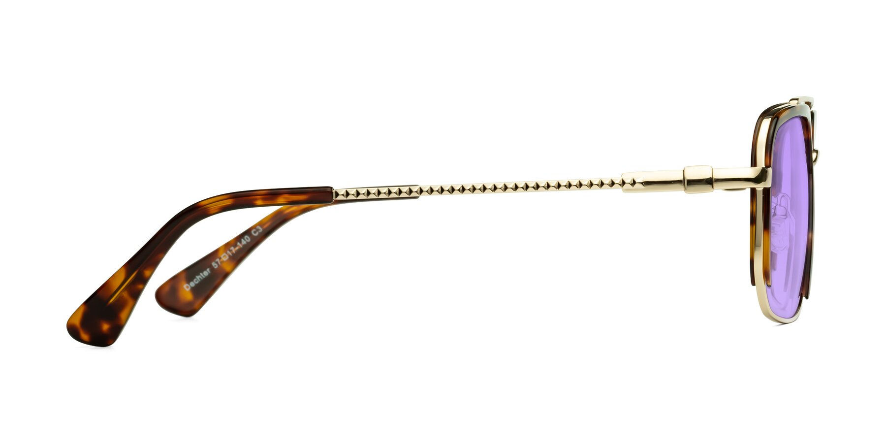 Side of Dechter in Tortoise-Gold with Medium Purple Tinted Lenses