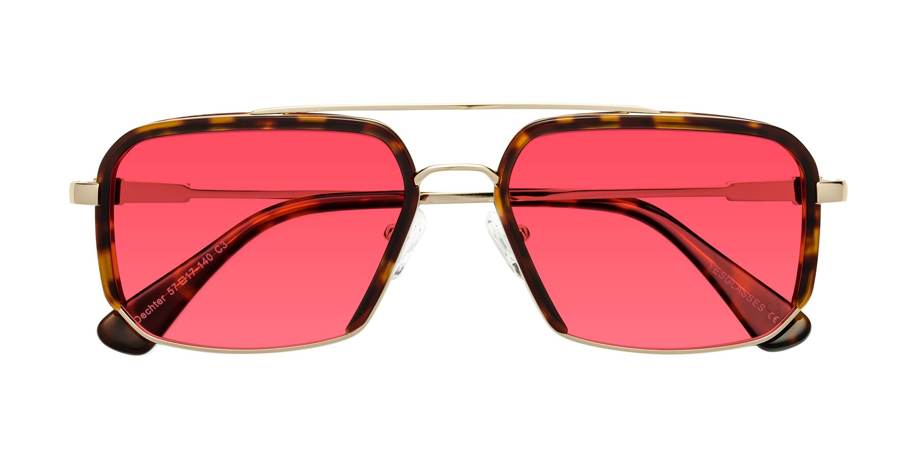Folded Front of Dechter in Tortoise-Gold with Red Tinted Lenses
