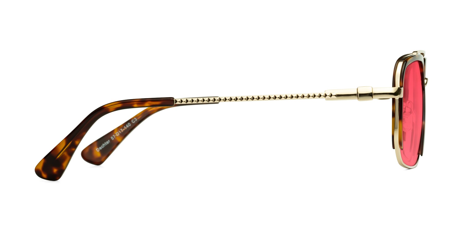 Side of Dechter in Tortoise-Gold with Red Tinted Lenses