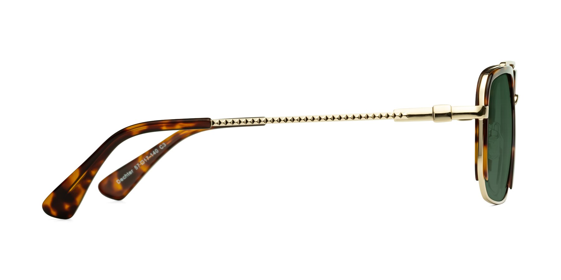 Side of Dechter in Tortoise-Gold with Green Tinted Lenses