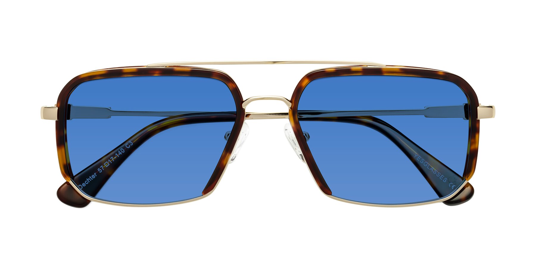 Folded Front of Dechter in Tortoise-Gold with Blue Tinted Lenses