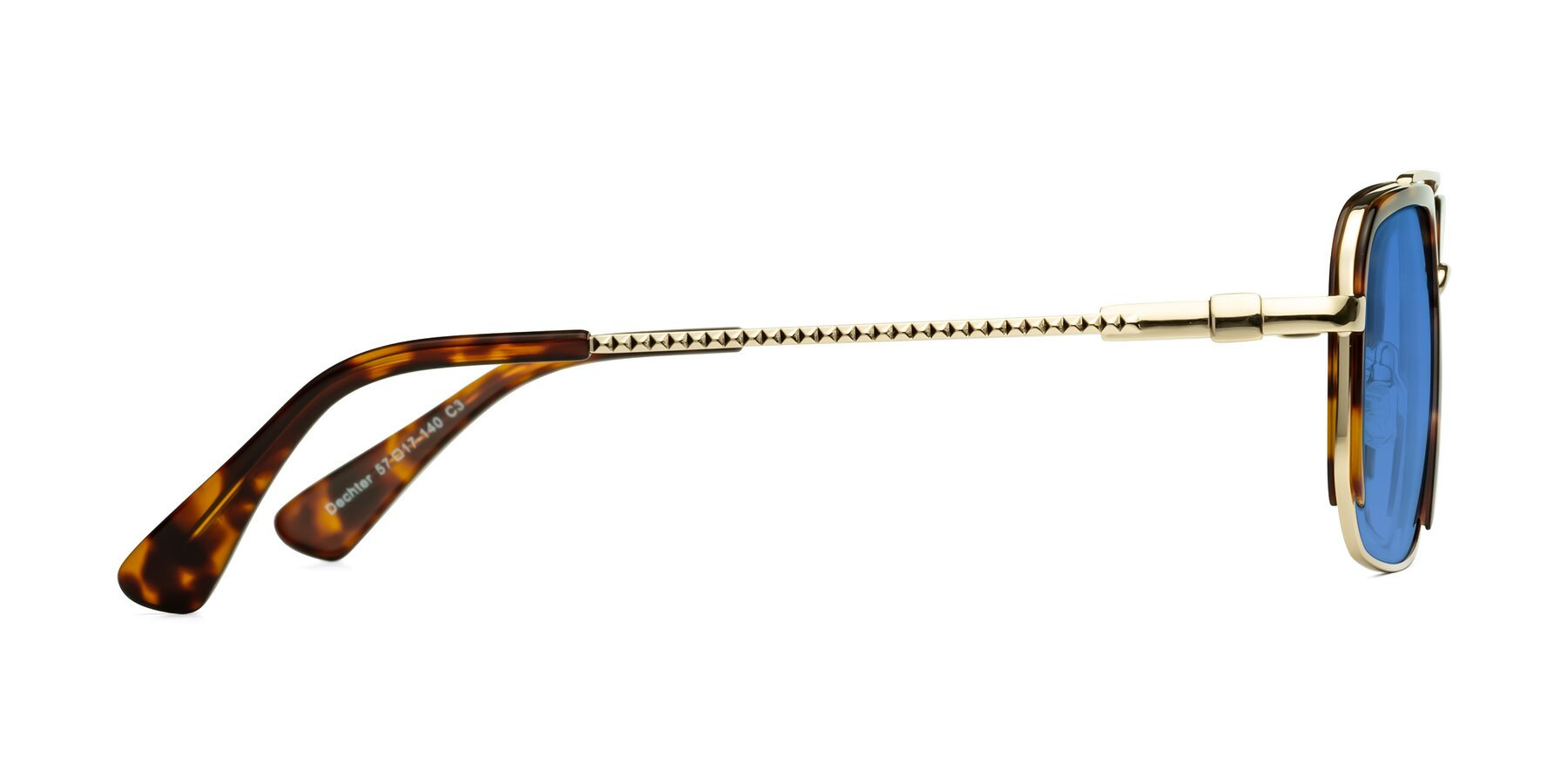 Side of Dechter in Tortoise-Gold with Blue Tinted Lenses