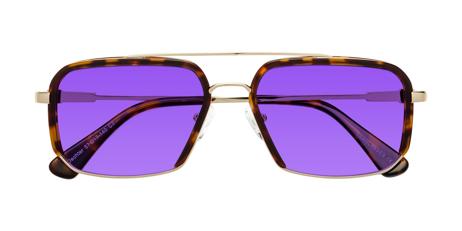 Folded Front of Dechter in Tortoise-Gold with Purple Tinted Lenses