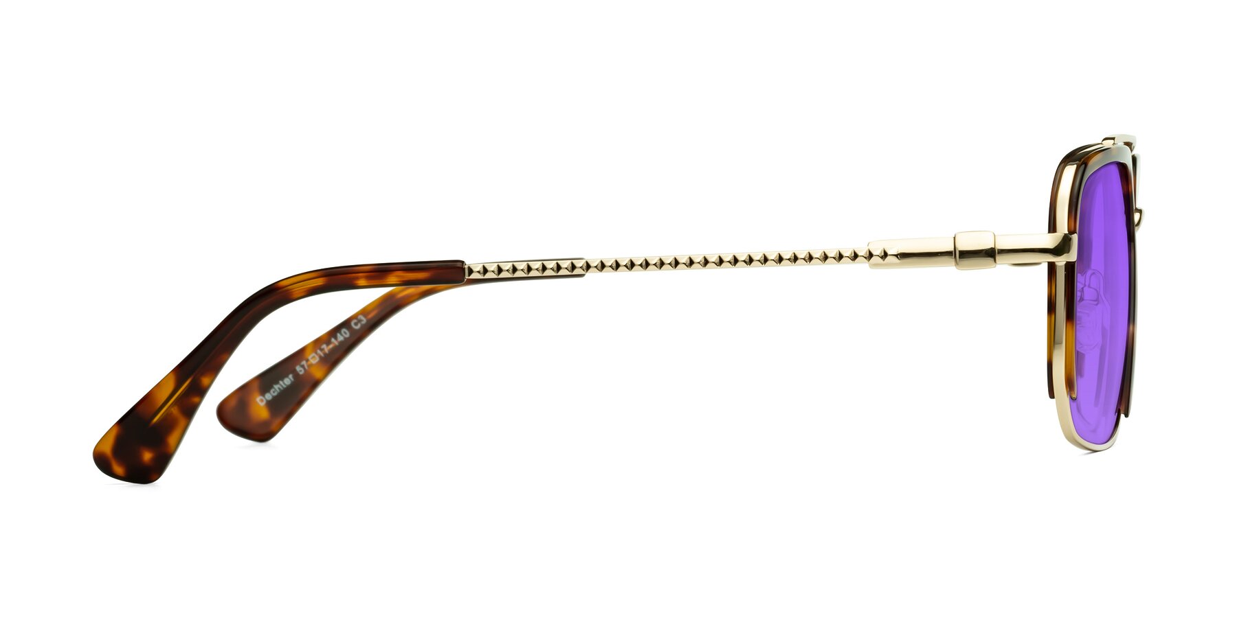 Side of Dechter in Tortoise-Gold with Purple Tinted Lenses