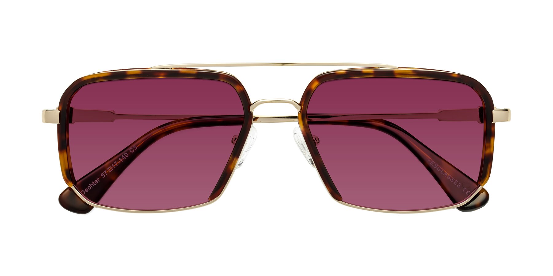 Folded Front of Dechter in Tortoise-Gold with Wine Tinted Lenses