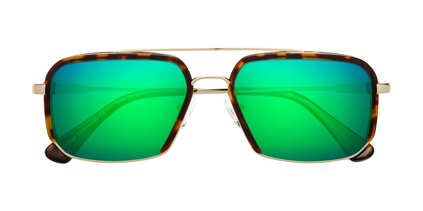 Folded Front of Dechter in Tortoise-Gold with Green Mirrored Lenses