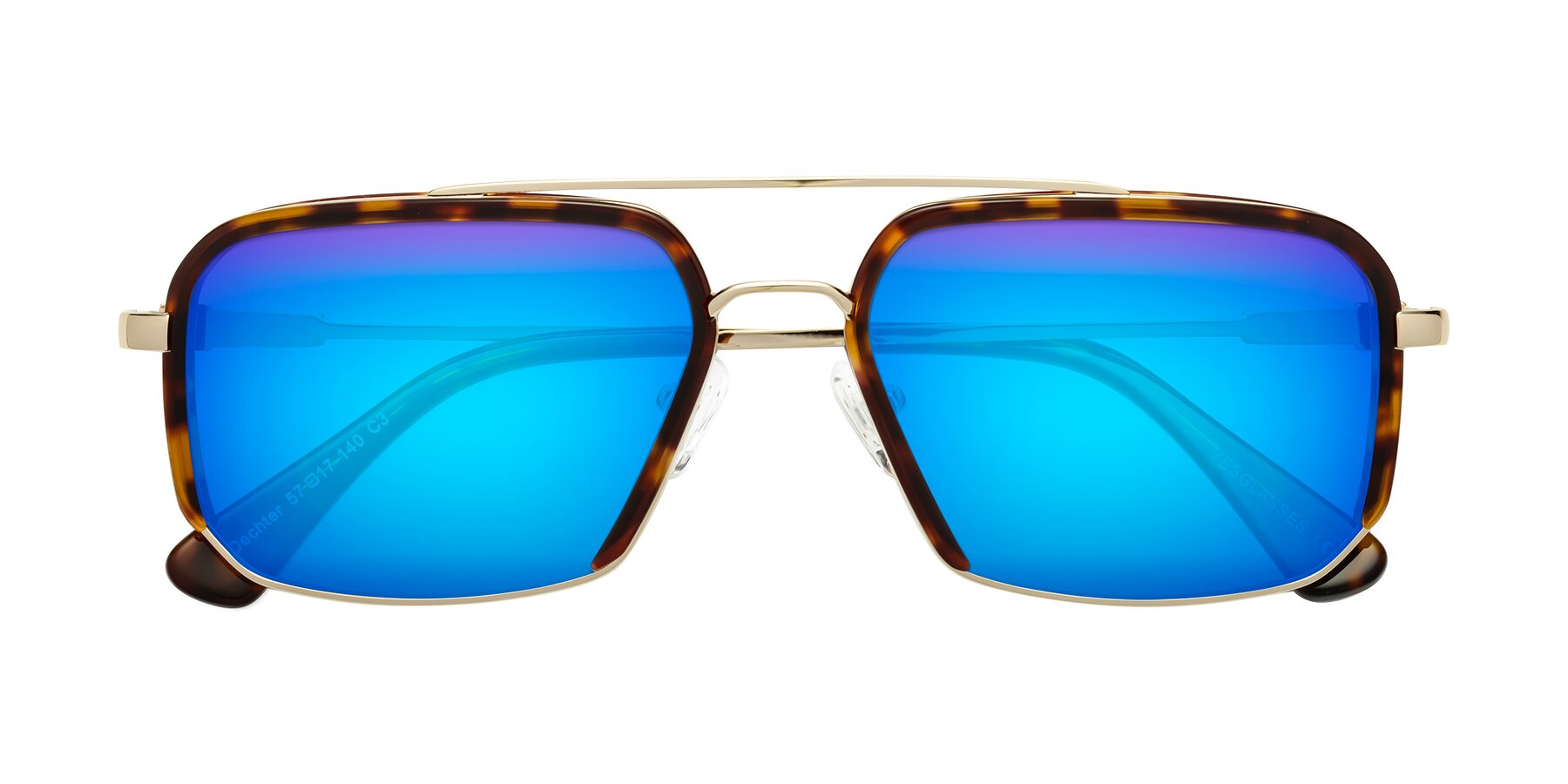 Folded Front of Dechter in Tortoise-Gold with Blue Mirrored Lenses