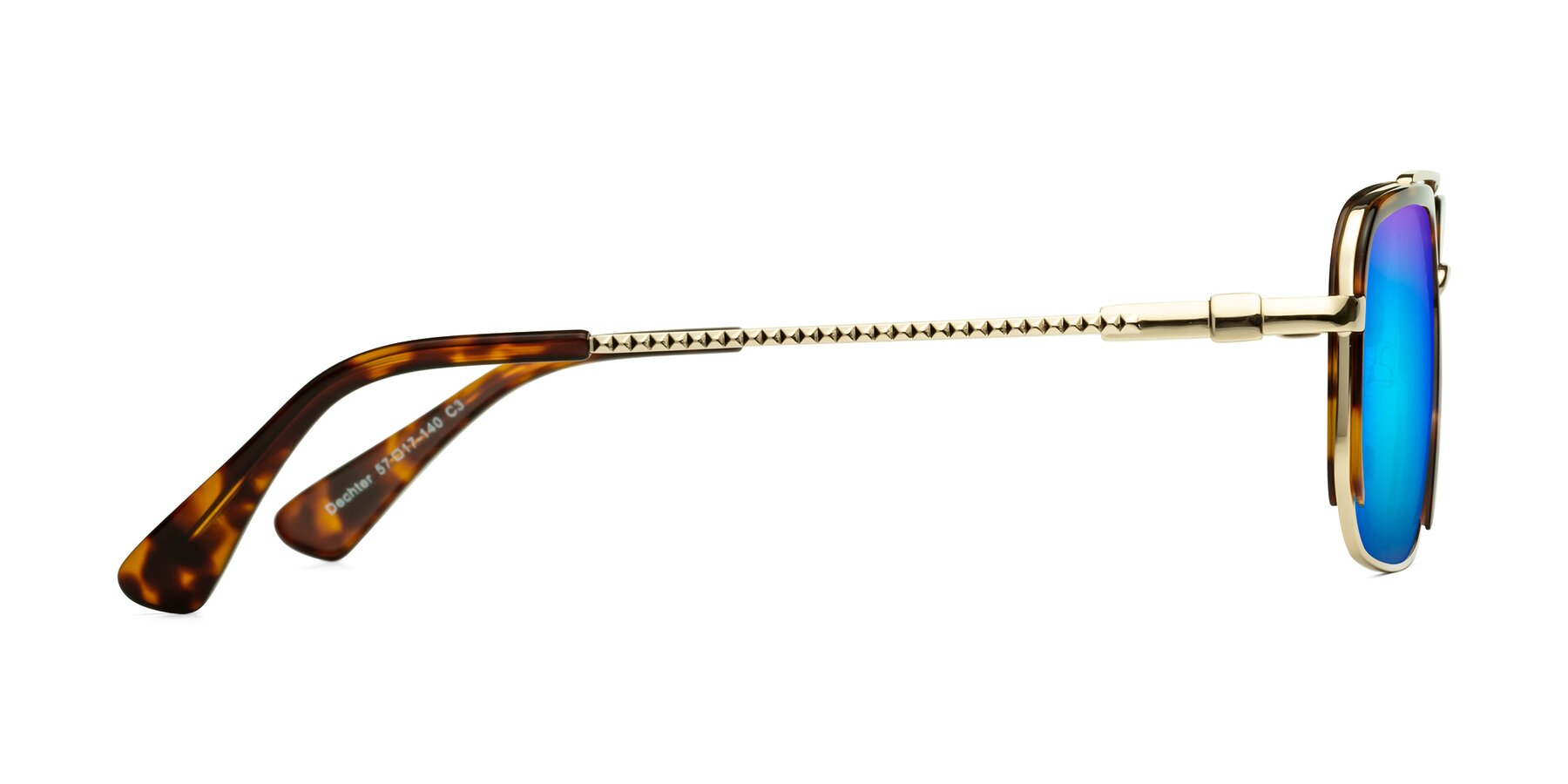 Side of Dechter in Tortoise-Gold with Blue Mirrored Lenses
