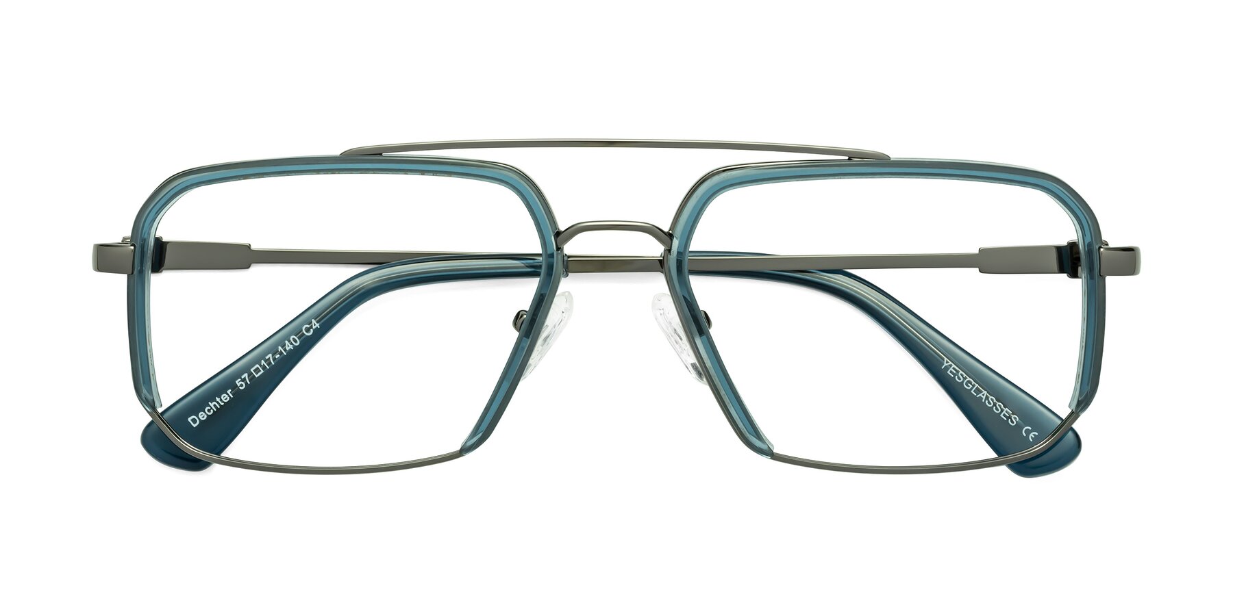 Folded Front of Dechter in Teal-Gunmetal with Clear Eyeglass Lenses