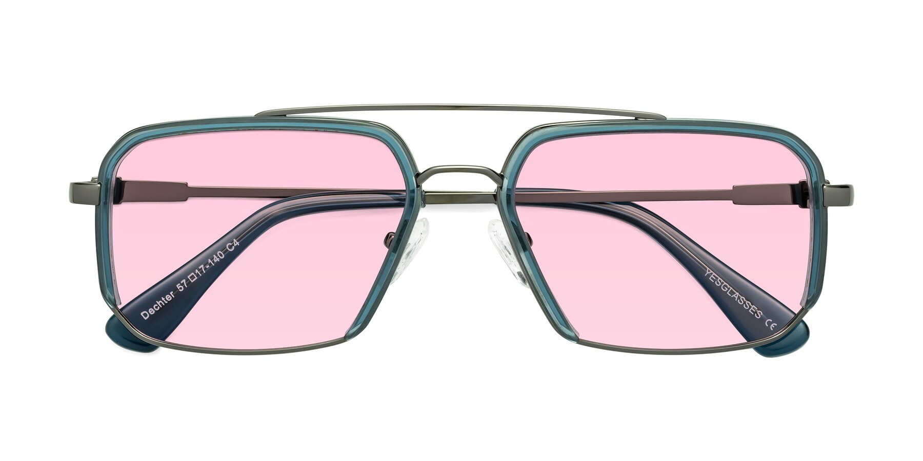 Folded Front of Dechter in Teal-Gunmetal with Light Pink Tinted Lenses
