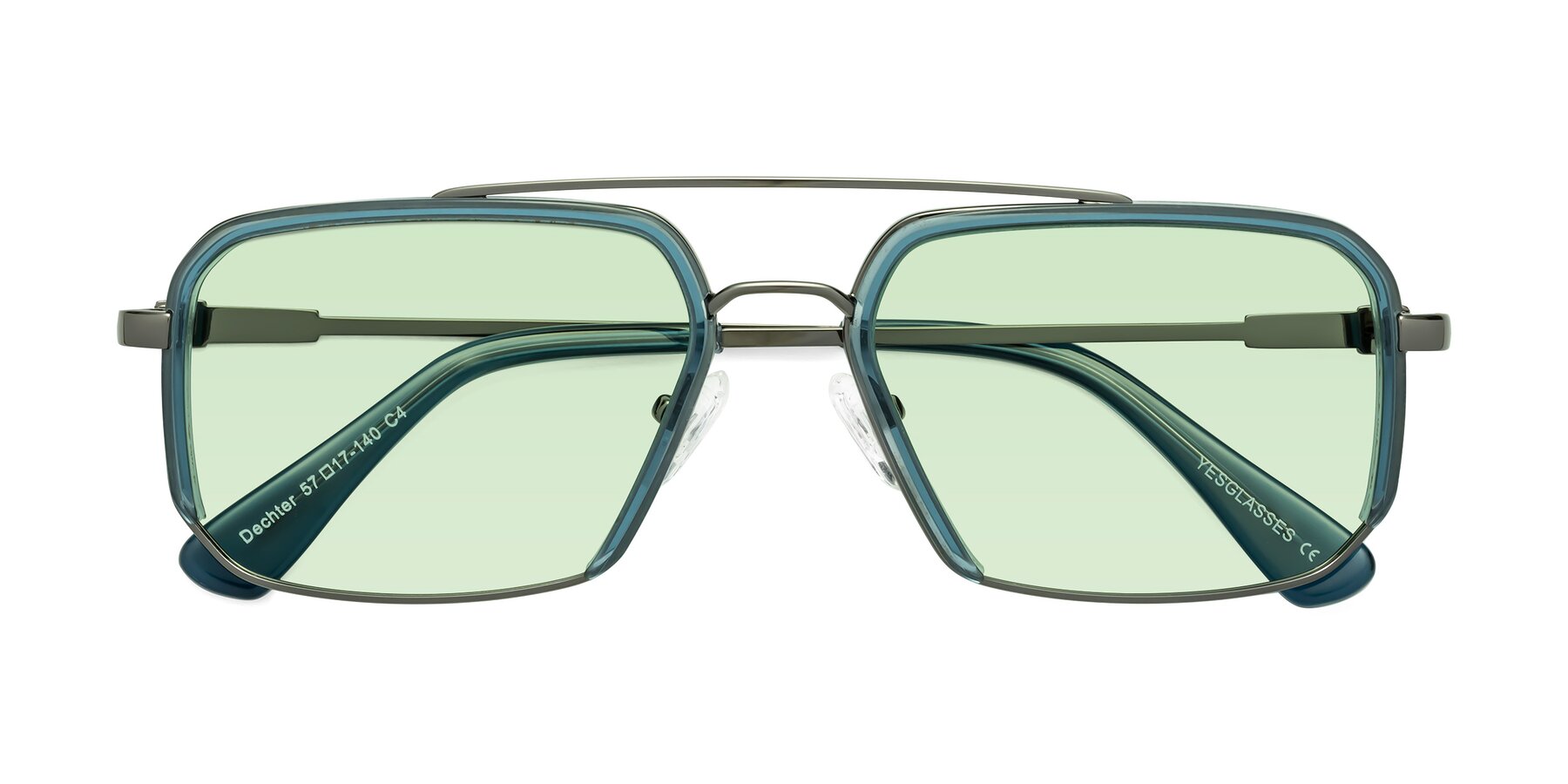 Folded Front of Dechter in Teal-Gunmetal with Light Green Tinted Lenses