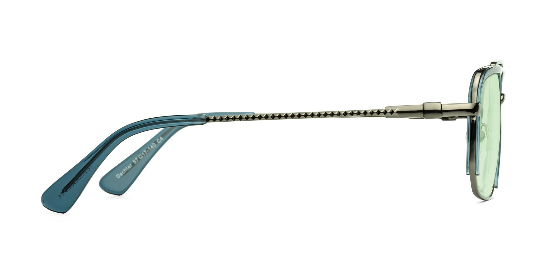Side of Dechter in Teal-Gunmetal with Light Green Tinted Lenses