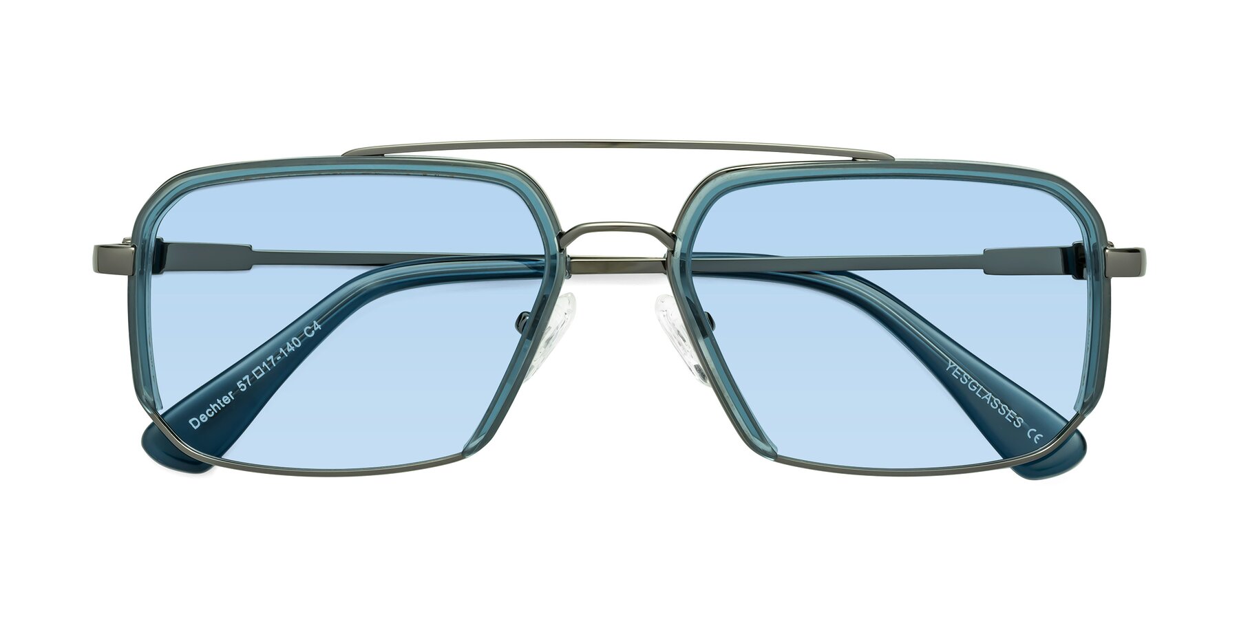 Folded Front of Dechter in Teal-Gunmetal with Light Blue Tinted Lenses