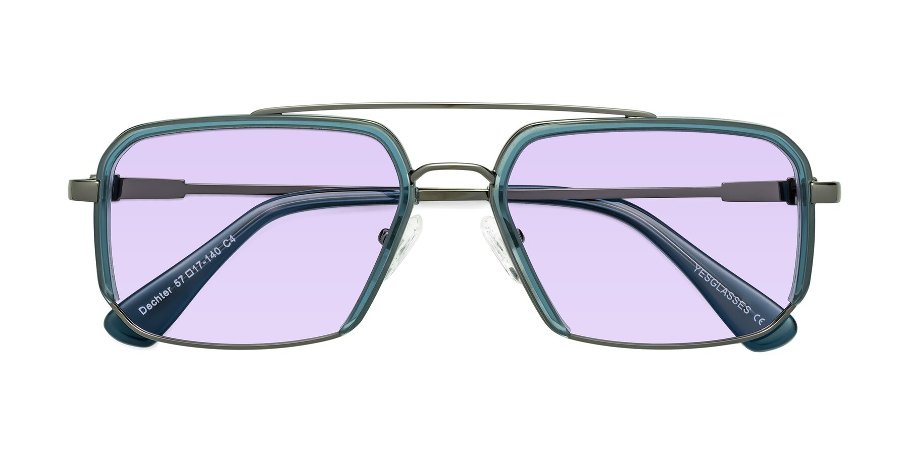 Folded Front of Dechter in Teal-Gunmetal with Light Purple Tinted Lenses
