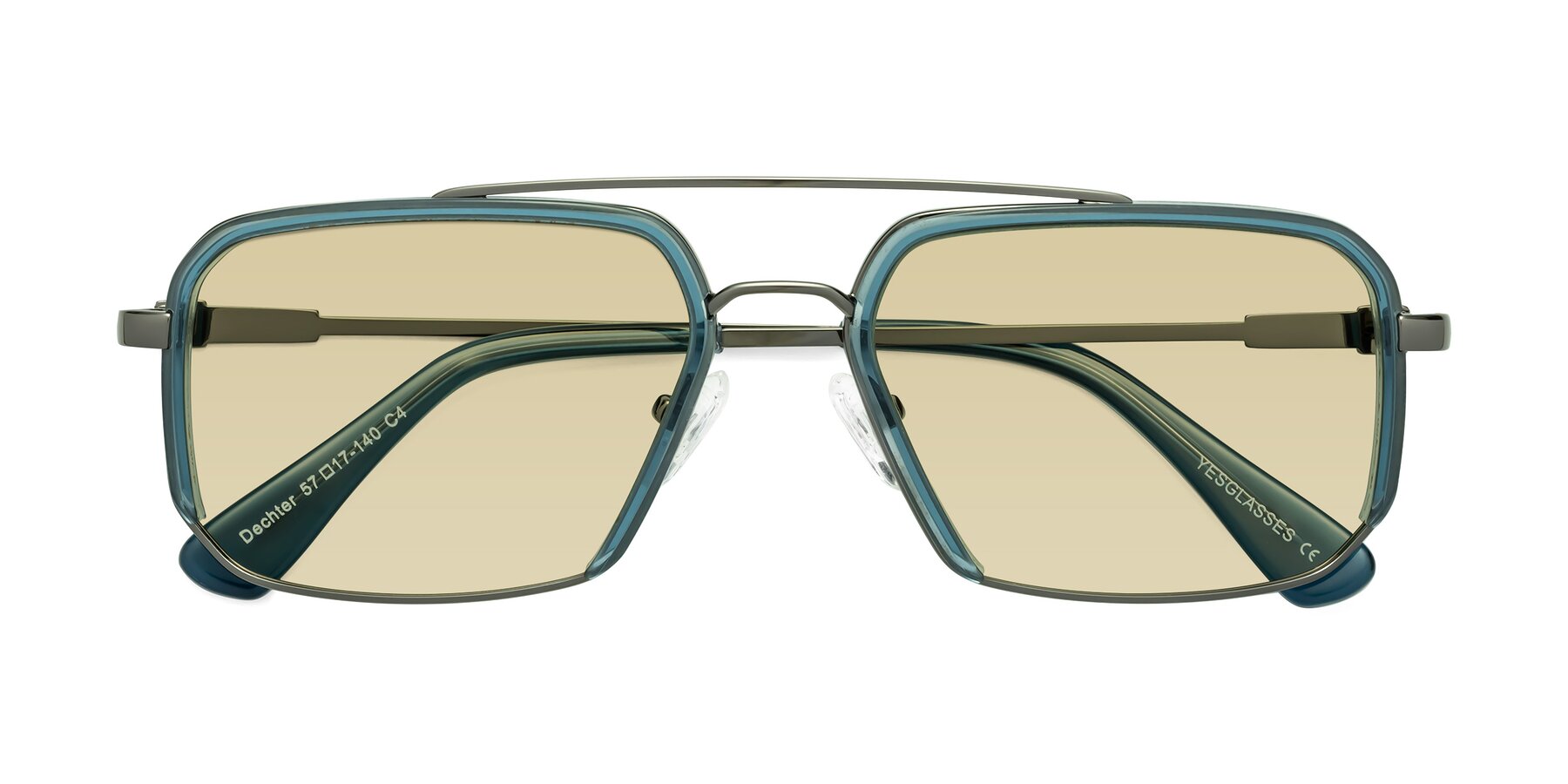 Folded Front of Dechter in Teal-Gunmetal with Light Champagne Tinted Lenses