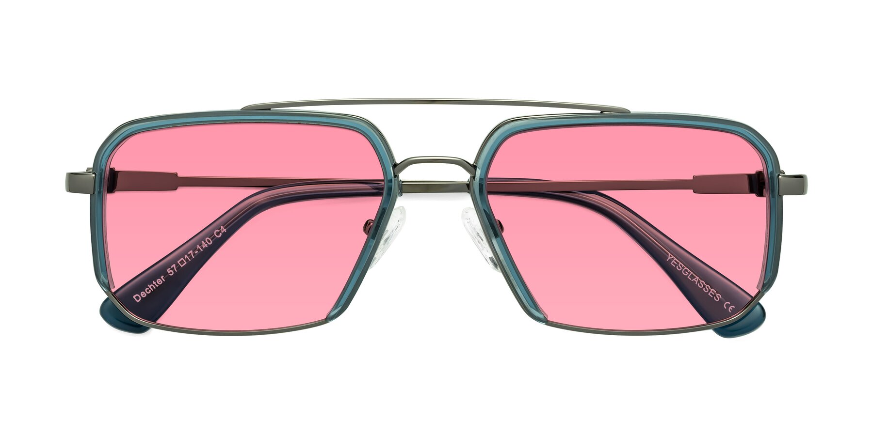 Folded Front of Dechter in Teal-Gunmetal with Pink Tinted Lenses