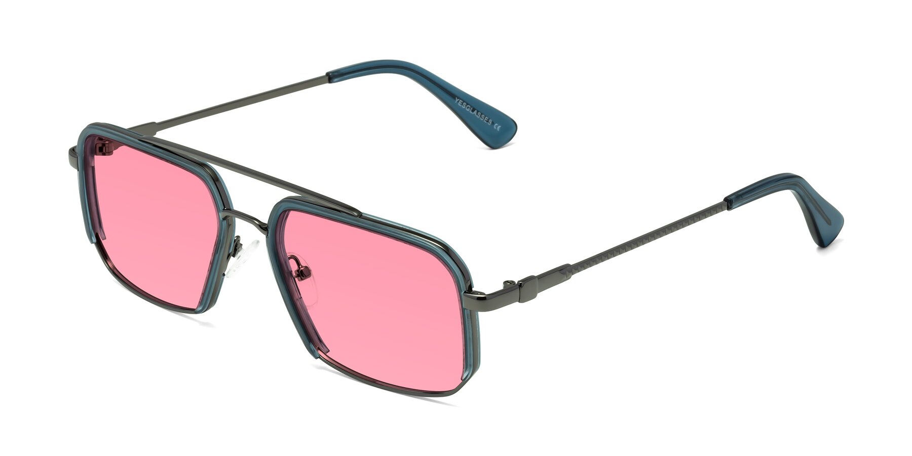 Angle of Dechter in Teal-Gunmetal with Pink Tinted Lenses