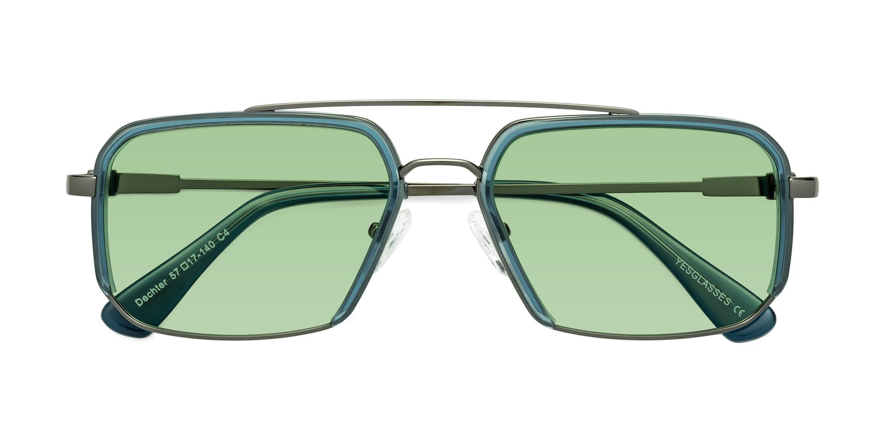 Folded Front of Dechter in Teal-Gunmetal with Medium Green Tinted Lenses