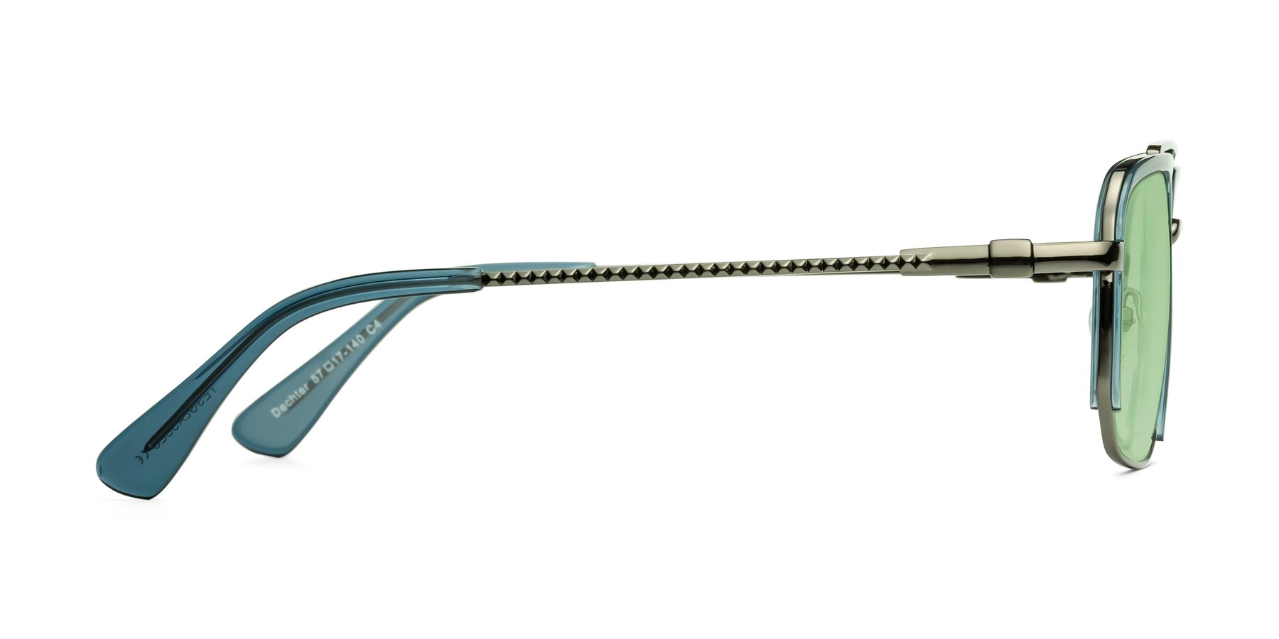 Side of Dechter in Teal-Gunmetal with Medium Green Tinted Lenses