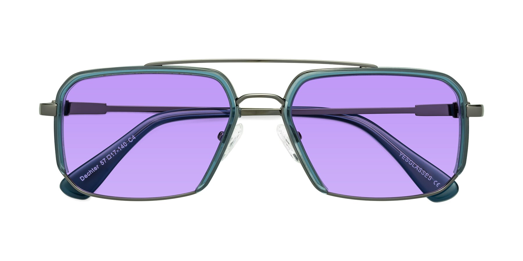 Folded Front of Dechter in Teal-Gunmetal with Medium Purple Tinted Lenses