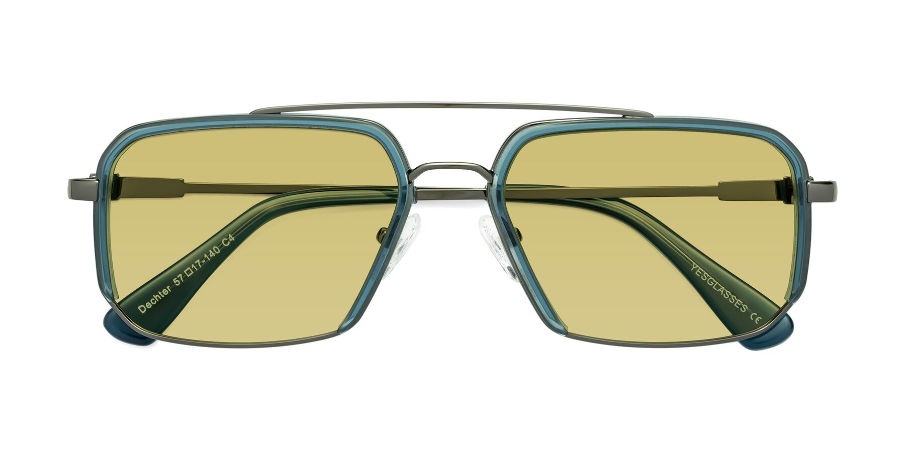 Folded Front of Dechter in Teal-Gunmetal with Medium Champagne Tinted Lenses